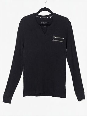 GUESS Mens Thermal Knit Crewneck Sweater Black Long Sleeve Size Medium Zippers
